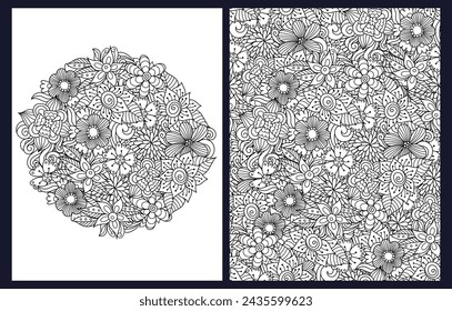 Whimsical flowers coloring pages set in zentangle style. Fantasy doodle floral templates for coloring book in US Letter format. Collection with black and white backgrounds. Vector illustration