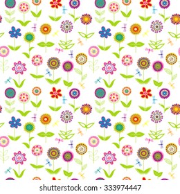 Whimsical flowers seamless over white background
