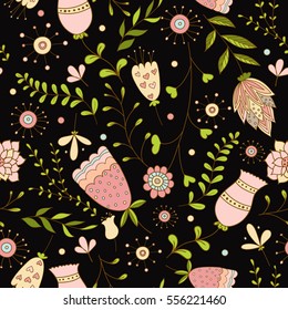 Whimsical Flowers Seamless Pattern on Black Background. Vector Illustration.