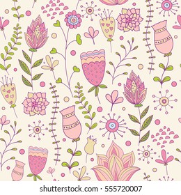 Whimsical Flowers Seamless Pattern. Vector Illustration.