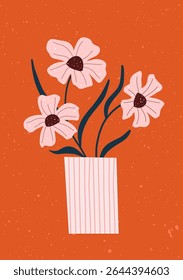Whimsical flowers in a striped vase on bright orange background. Playful and hand drawn.