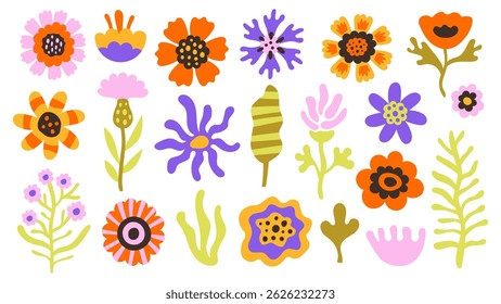 Whimsical Flowers vibrant Set. Modern minimal plant collection. Playful colorful blossom leaves branches. Curved vector illustration