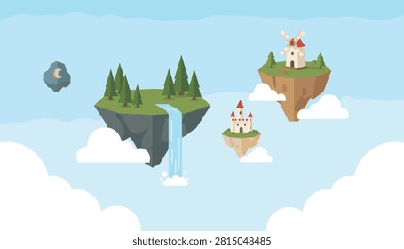 Whimsical flying islands floating in a cloudy sky featuring a waterfall, medieval castle, and a rustic windmill.
