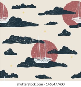 Whimsical flying sailboat seamless illustrated pattern.