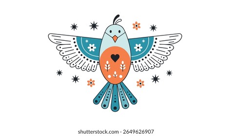 Whimsical folk art bird illustration featuring intricate patterns and a heart emblem