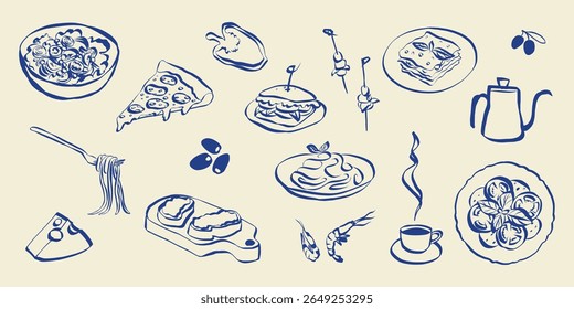 Whimsical food doodles. Quirky icons of breakfasr and brunch meals in simple crayon and sketch style. Trendy art for menus and dinner invitations. La dolce vita vector illustration