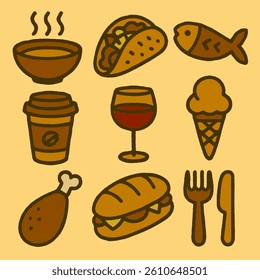 Whimsical food icon set in Naive Art, Folk Art, and Naive Expressions styles. Includes taco, soup, coffee, wine, fish, ice cream, sandwich, chicken leg, and cutlery on a warm rustic background.

