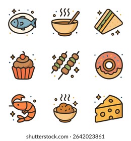 Whimsical Food Icons From Fish to Cheese. Icon symbol illustration