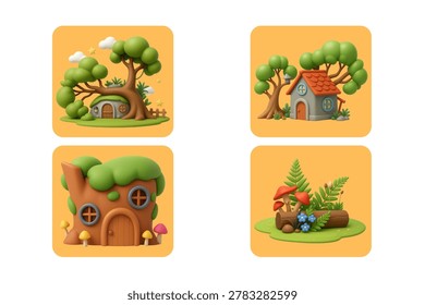 Whimsical forest dwelling collection featuring tree trunk houses and cozy woodland cottages in 3D render style isolated on yellow background for charming digital art and fantasy design assets