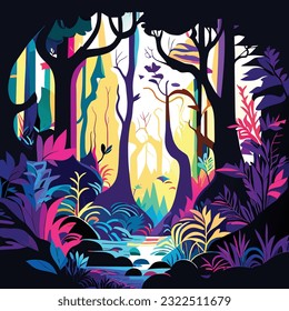 a whimsical forest filled with vibrant colors in an illustrative style  creating a magical and enchanting mood illuminated by dappled sunlight T-shirt design graphic vector contour white background