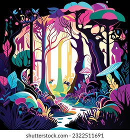 ein blühender Wald mit lebhaften Farben in einem illustrativen Stil, der eine magische und bezaubernde Stimmung schafft, die durch getapftes Sonnenlicht beleuchtet ist T-Shirt-Design, grafische Vektorgrafik, weißer Hintergrund