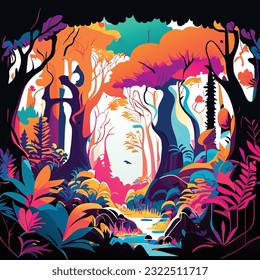 a whimsical forest filled with vibrant colors in an illustrative style  creating a magical and enchanting mood illuminated by dappled sunlight T-shirt design graphic vector contour white background