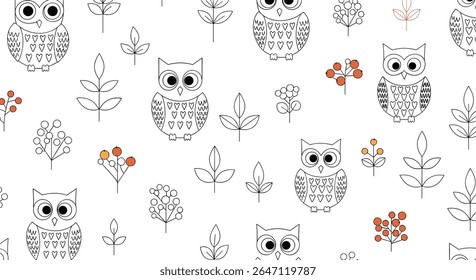 A Whimsical Forest Friends Pattern with Owls and Berries Perfect for Children