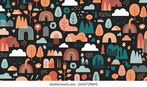 Whimsical Forest Landscape with Abstract Trees Hills and Rainbow Arches in a Retro Style