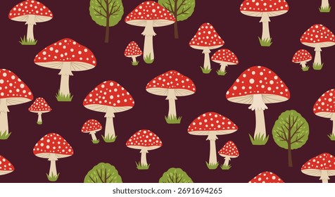 A whimsical forest pattern featuring scattered red and white spotted mushrooms and pixelated green trees set against a dark purple background.