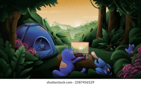 A whimsical forest scene with anthropomorphic animals using technology, featuring a bear with a laptop and a rabbit with a smartphone.