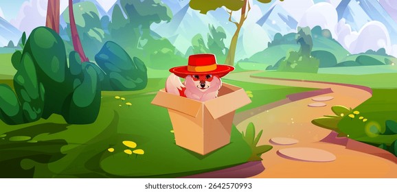 Whimsical forest scene with fox wearing red hat sitting in cardboard box near winding path through trees to mountains. Charming woodland character for storytelling, game design, educational content.