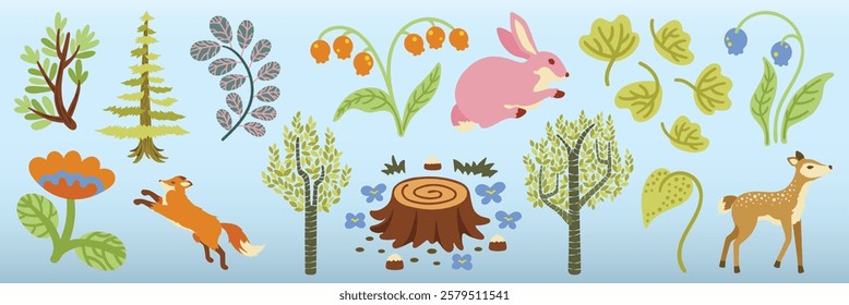 Whimsical forest scene with playful animals, vibrant plants, and colorful flowers. Includes a pink rabbit, a fox, and a deer among trees and leaves. Animal illustrations, isolated element vector set.