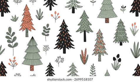 Floresta caprichosa padrão sem emenda com árvores desenhadas à mão, arbustos e plantas em um fundo branco.