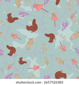 Whimsical Forest Seamless Vector Pattern with Mushrooms, Leaves and Woodland Animals