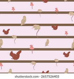 Whimsical Forest Seamless Vector Pattern with Mushrooms, Leaves and Woodland Animals