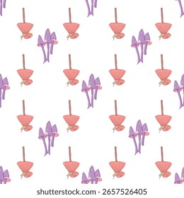 Whimsical Forest Seamless Vector Pattern with Mushrooms, Leaves and Woodland Animals