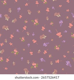 Whimsical Forest Seamless Vector Pattern with Mushrooms, Leaves and Woodland Animals