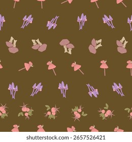 Whimsical Forest Seamless Vector Pattern with Mushrooms, Leaves and Woodland Animals