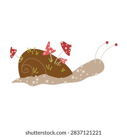 Whimsical forest snail vector illustration with tiny red fly agaric mushrooms and grass growing on its brown shell. Flat hand-drawn vector design isolated on a transparent background, perfect for children's books, nursery prints, stickers, fairy tale decor, and cottagecore graphics.