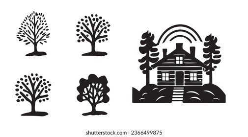 Whimsical forest tree with building design collection vector organic style. Monochrome woodland cottage for outdoor quirky linocut set. 