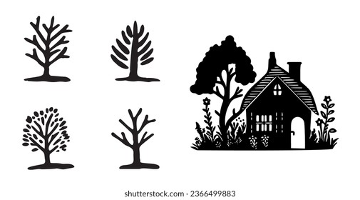 Whimsical forest tree with building design collection vector organic style. Monochrome woodland cottage for outdoor quirky linocut set. 