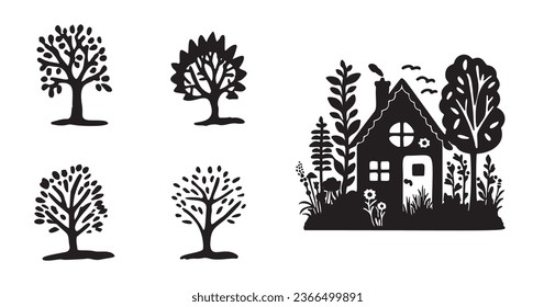 Whimsical forest tree with building design collection vector organic style. Monochrome woodland cottage for outdoor quirky linocut set. 