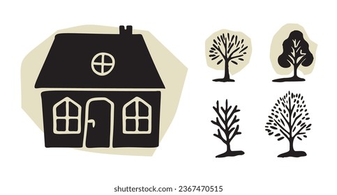 Whimsical forest tree with building design collection vector organic style with colored blob. Woodland cottage for outdoor quirky linocut set. 