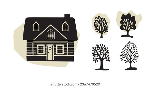 Whimsical forest tree with building design collection vector organic style with colored blob. Woodland cottage for outdoor quirky linocut set. 