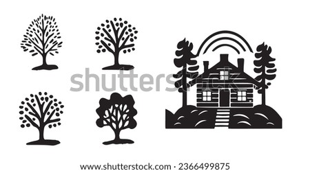 Whimsical forest tree with building design collection vector organic style. Monochrome woodland cottage for outdoor quirky linocut set. 