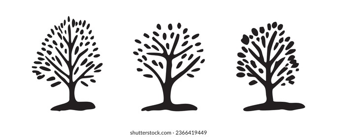 Whimsical forest tree design collection vector organic style. Monochrome woodlandarbor for outdoor quirky linocut set. 