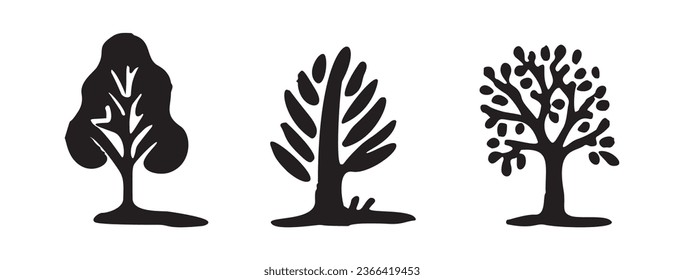 Whimsical forest tree design collection vector organic style. Monochrome woodlandarbor for outdoor quirky linocut set. 