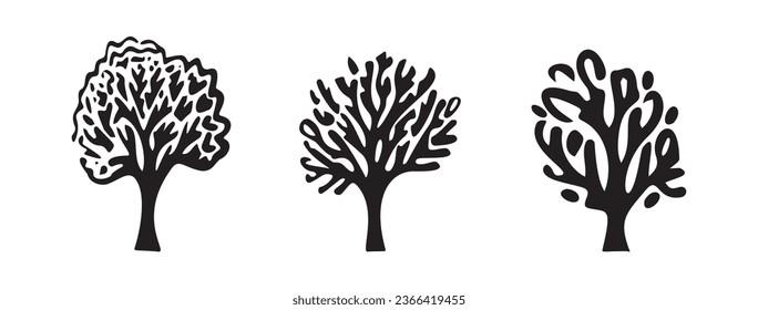 Whimsical forest tree design collection vector organic style. Monochrome woodlandarbor for outdoor quirky linocut set. 