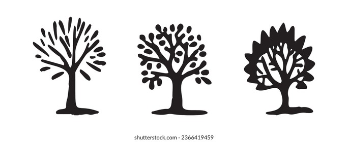 Whimsical forest tree design collection vector organic style. Monochrome woodlandarbor for outdoor quirky linocut set. 