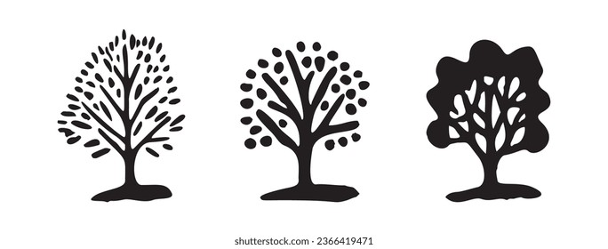 Whimsical forest tree design collection vector organic style. Monochrome woodlandarbor for outdoor quirky linocut set. 