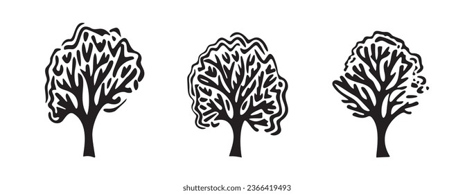 Whimsical forest tree design collection vector organic style. Monochrome woodlandarbor for outdoor quirky linocut set. 