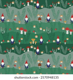 Whimsical forest, woodland, seamless pattern, background, vector illustration.