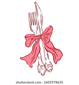 Whimsical fork and knife with bow. Coquette dishes with bow in hand drawn style for designed modern menu restaurant and cafe in simple crayon and sketch style. Doodle outline vector illustration