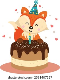 Whimsical Fox with Birthday Cake
