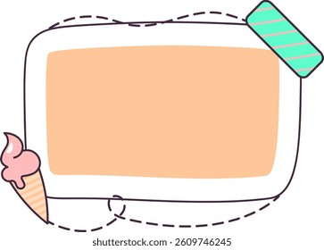 A whimsical frame with dashed lines and an ice cream cone in a playful style. The rectangle is accented by a striped tape, adding a fun element. Cartoon vector illustration.
