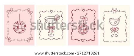 Whimsical frame with disco ball and cocktail. Mediterranean design perfect for poster or card