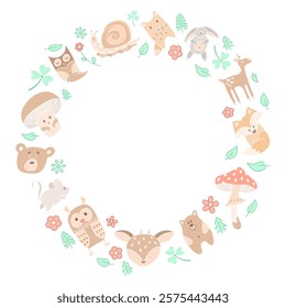 A whimsical frame filled with adorable woodland creatures and other whimsical forest elements