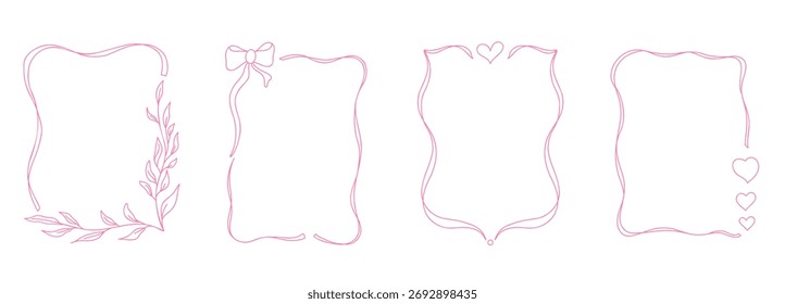 A whimsical frame outlined with hand-drawn lines and bow detail, perfect for valentine s cards, wedding menus, or girly stationery.