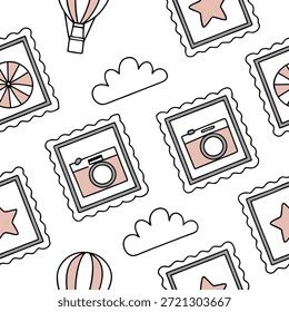 Whimsical Frame nahtlose Fliesenmuster mit spielerischen Designs und charmanten Elementen Konzept als Spielerische whimsical Rahmen bilden nahtlose Fliesenmuster mit charmanten Elementen hinzufügen Spaß und Kreativität in Foto Stock Konzept und leerer Raum auf der linken Seite, kein Text —ar 7:2 —tile