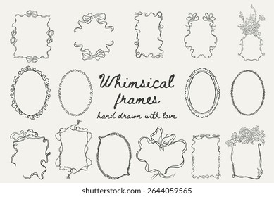 Whimsical frame set: heart-shaped, oval, rectangle styles with bows and florals. Perfect for invitations, cards, scrapbooking. Vector illustration.